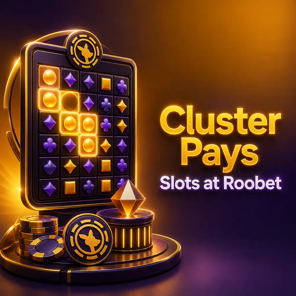 Cluster pays slots at Roobet featuring grid-based wins and tumbling symbols, including Sweet Bonanza and Fruit Party