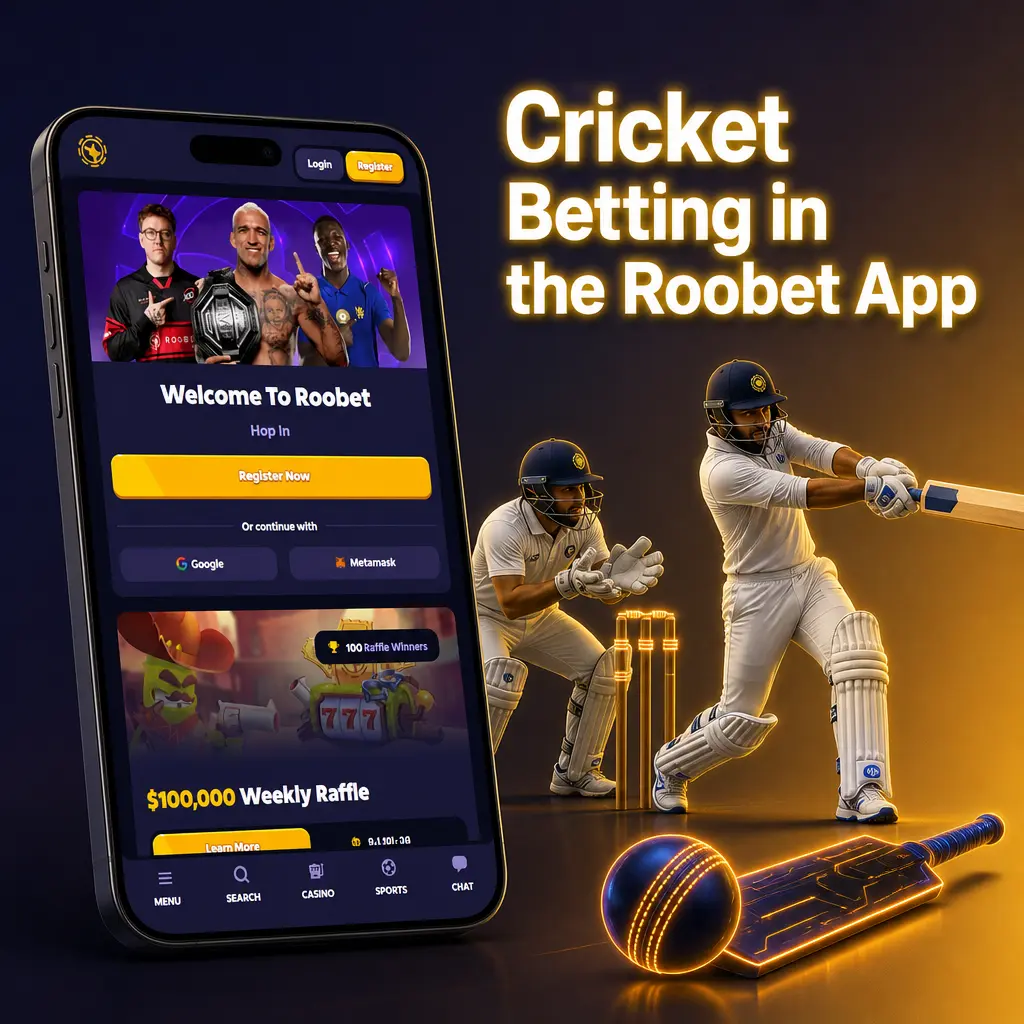 Cricket betting markets and bet slip on Roobet’s mobile site, used instead of a dedicated app