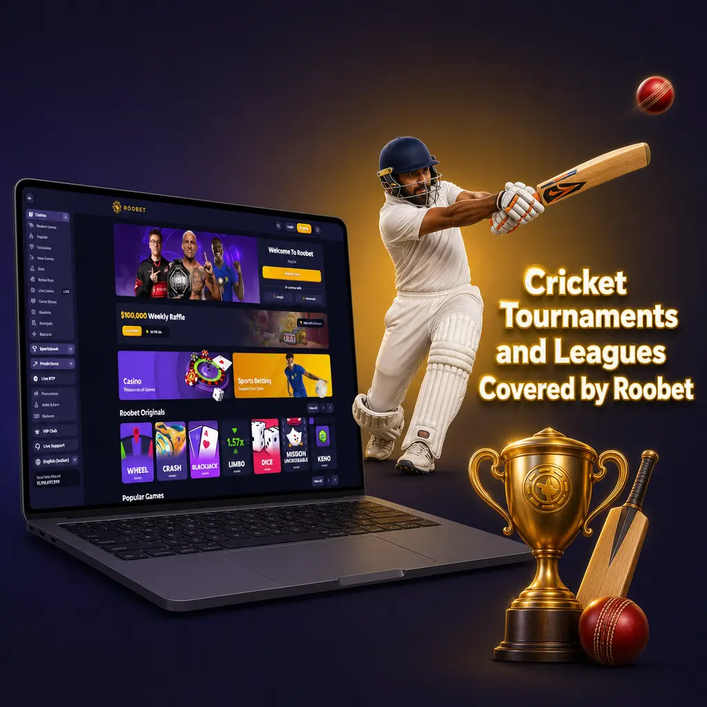 Roobet cricket betting markets for IPL, T20 World Cup, Cricket World Cup, Big Bash League, PSL, and bilateral series