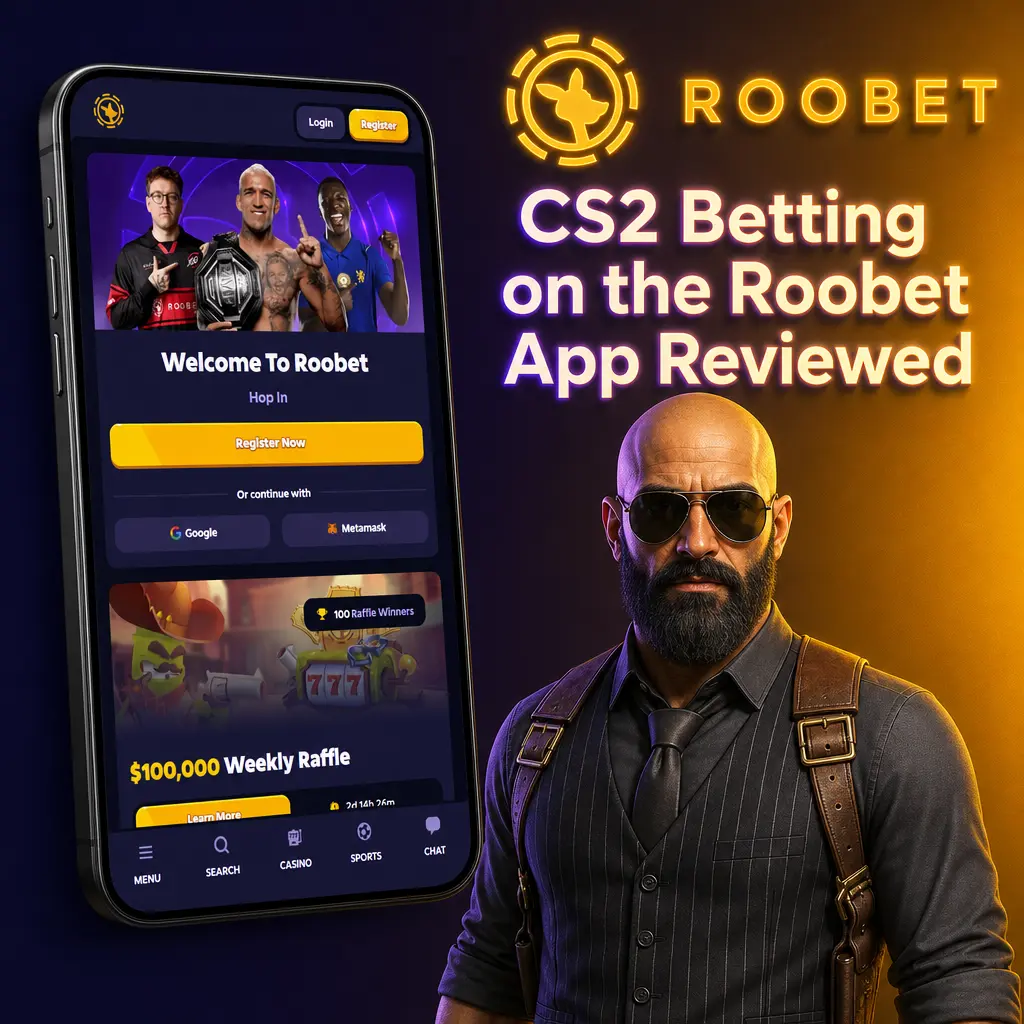 Roobet app screen showing CS2 esports betting odds and live match notifications on a mobile browser interface