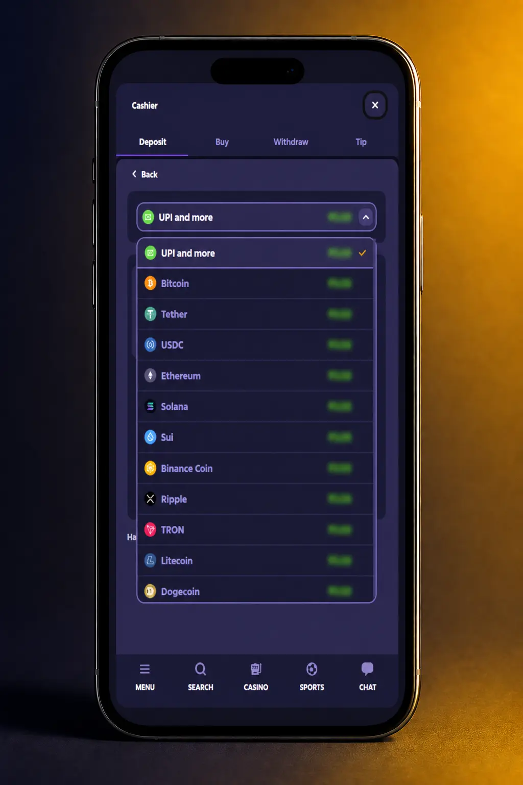 Roobet cashier screen showing crypto and card deposit options for Indian players