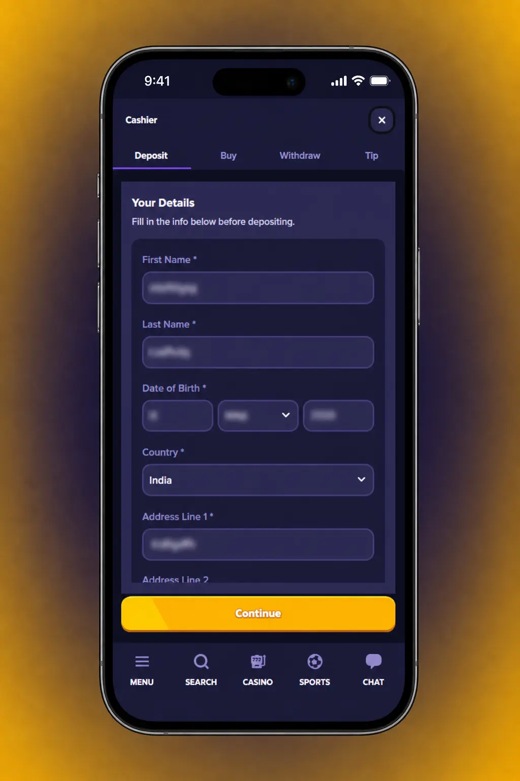 Roobet app bet slip showing sports selections, odds, stake field, and confirm button for placing a bet
