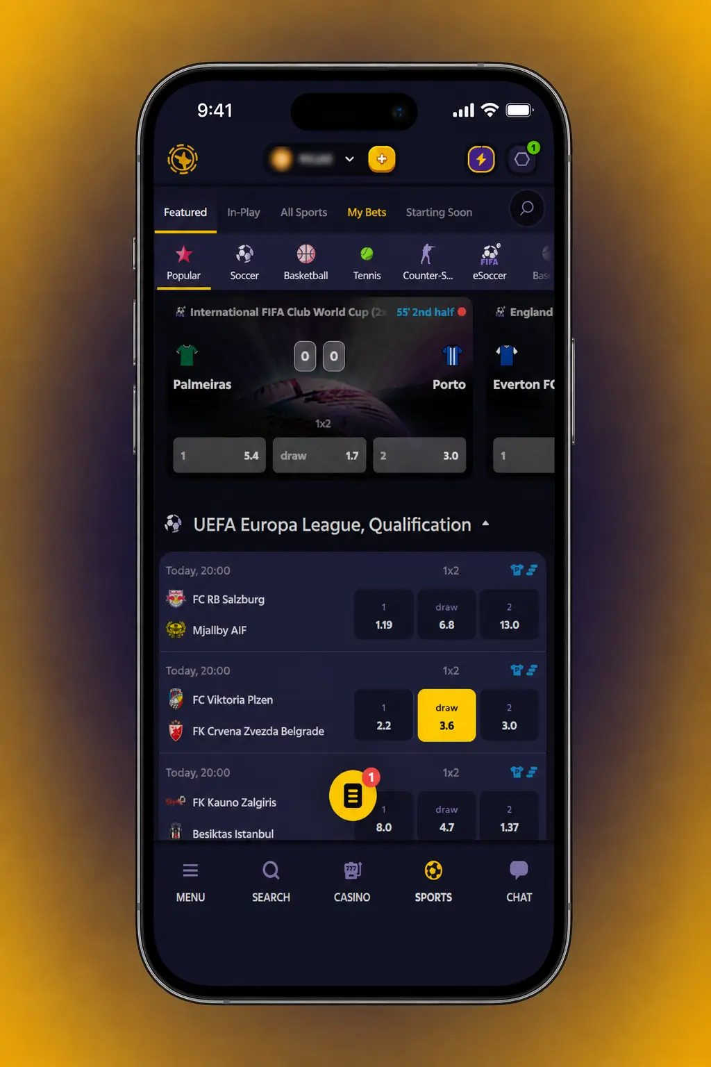 Roobet app bet slip showing sports selections, odds, stake field, and confirm button for placing a bet