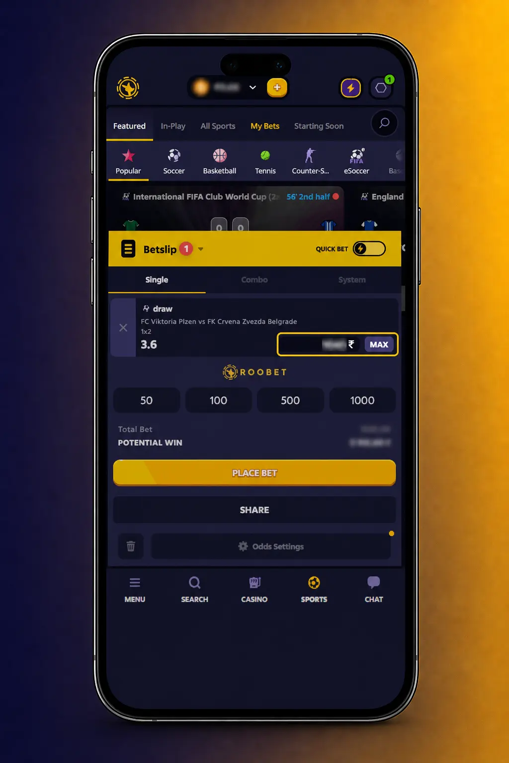 Step-by-step guide showing how to place a cricket bet on Roobet's sportsbook, from login to confirming a wager.