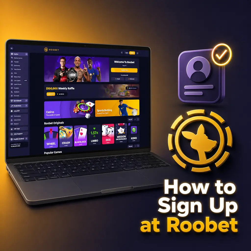 Roobet sign-up form showing fields for email, username, password, currency selection, and optional promo code