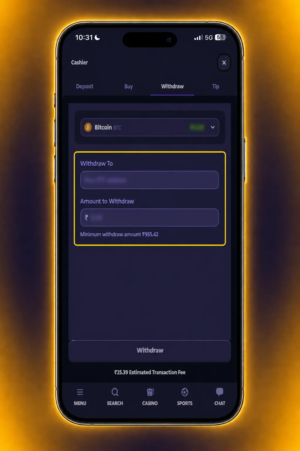 Step-by-step guide showing how to withdraw money from Roobet using the cashier's withdrawal tab