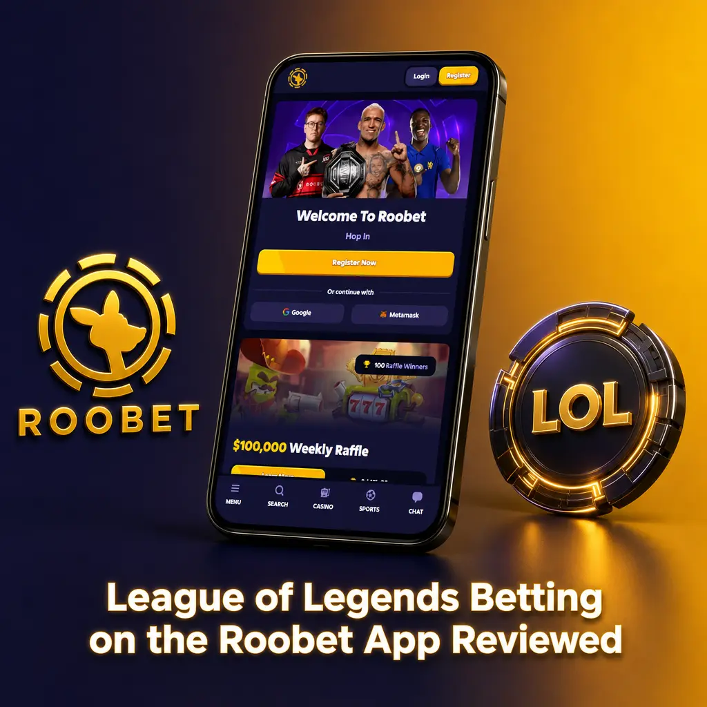 League of Legends betting on the Roobet app showing live odds, esports lobby and bet slip on mobile