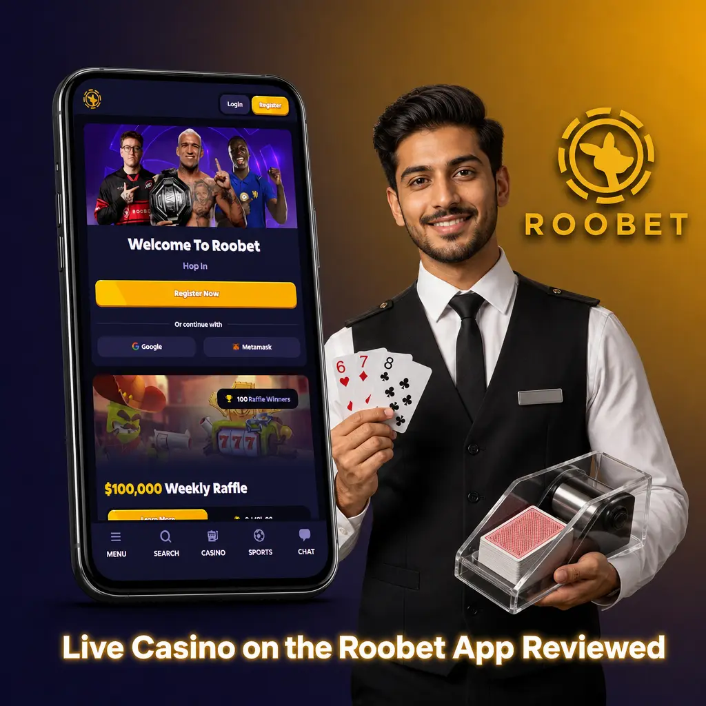 Roobet app live casino review showing mobile portrait layout with bet panel and live dealer video feed on screen