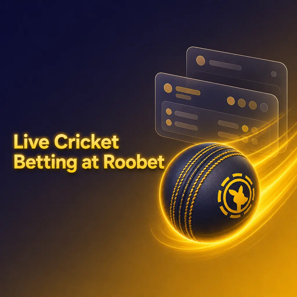 Live cricket betting at Roobet with ball-by-ball odds, data-driven scoreboard, and cash out option on open bets.