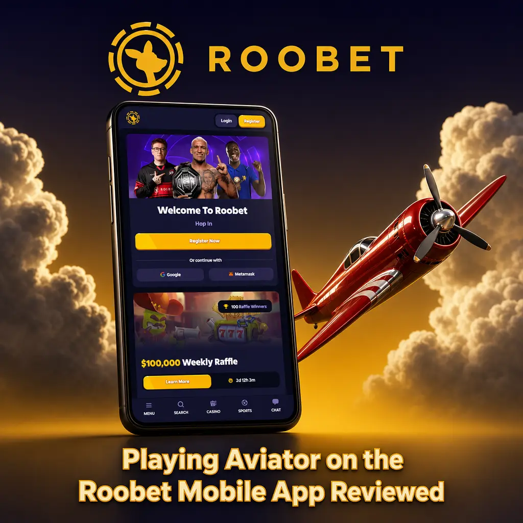 Roobet mobile web app screen showing Aviator game access with deposit, withdrawal, and support options.