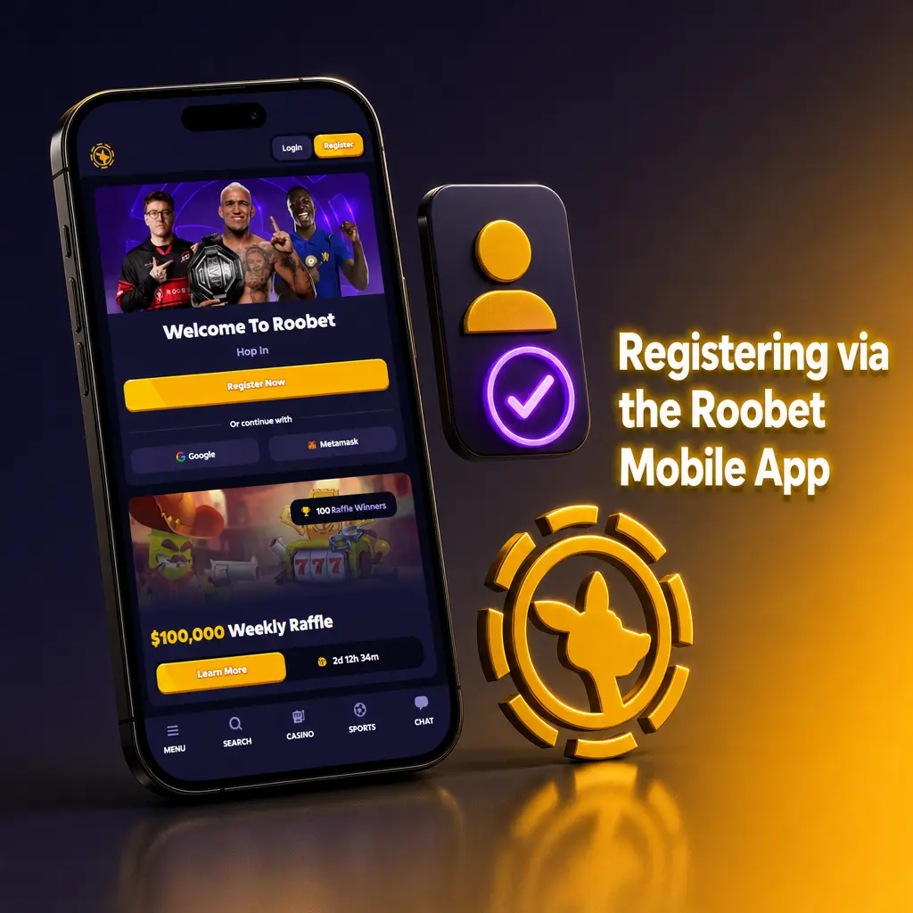Screenshot showing how to register on Roobet via mobile browser, entering email, username, password, and currency.
