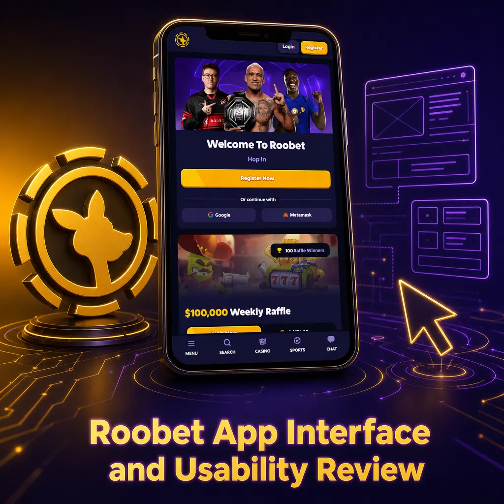 Roobet app screenshot showing bottom navigation bar, sportsbook, casino lobby, and cashier interface