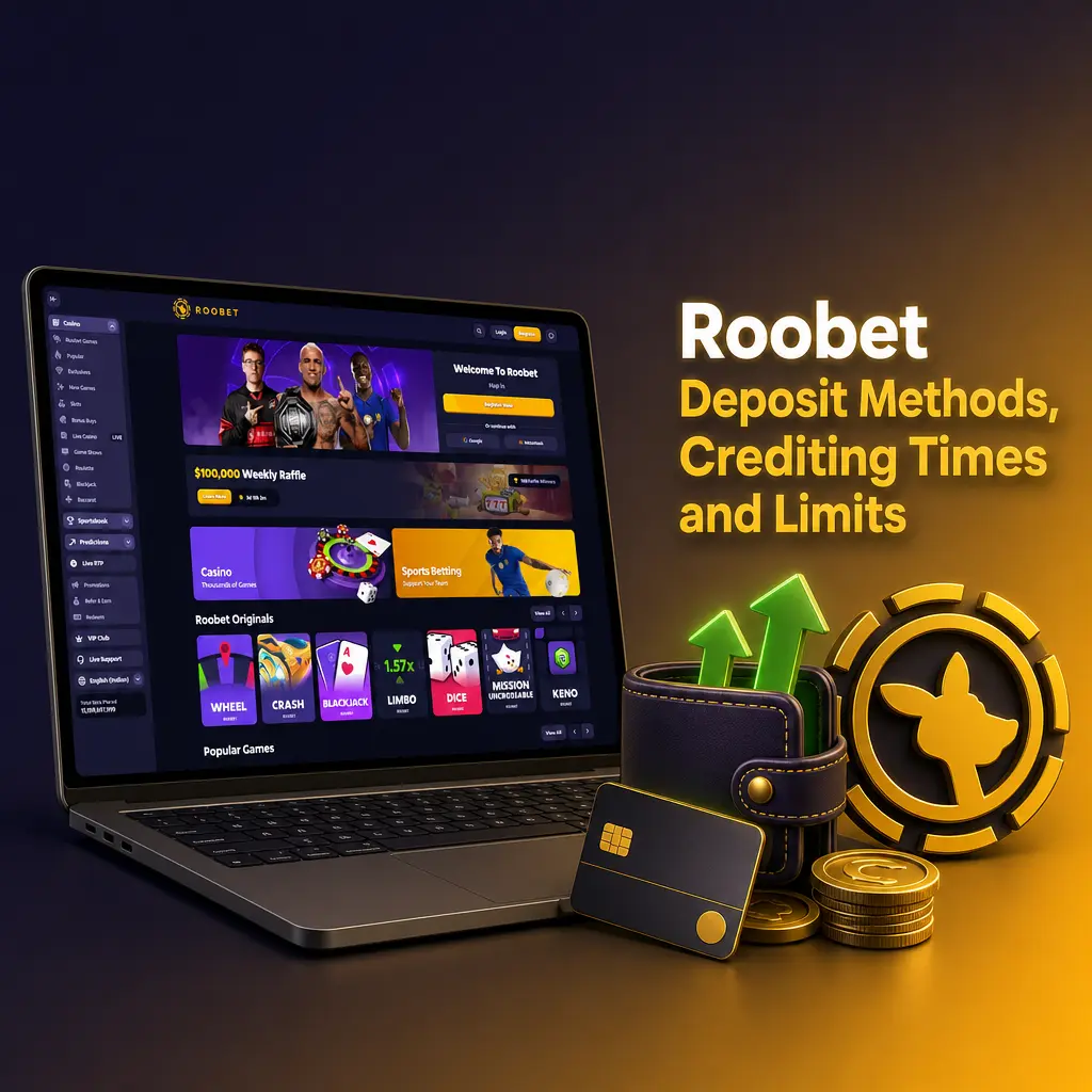 Table of Roobet crypto deposit methods including BTC, ETH, USDT, limits, fees and crediting times for India
