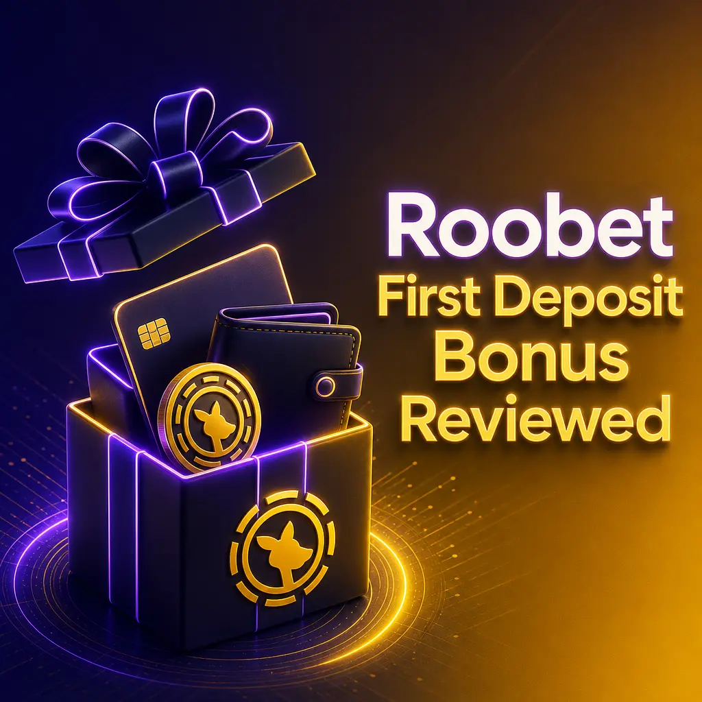 Roobet first deposit bonus review highlighting match percentage, wagering terms, and eligible payment methods for new players.