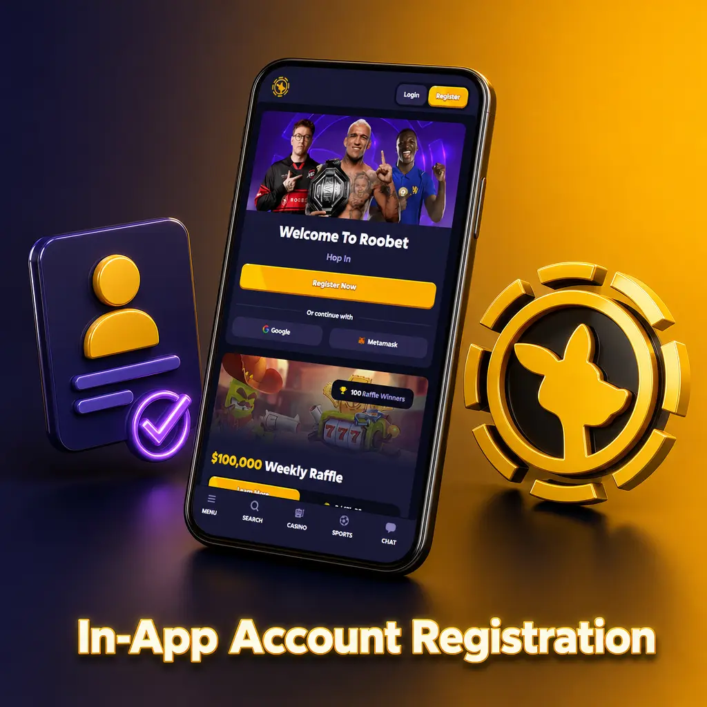 Roobet app registration screen showing email, password, date of birth, region, and promo code fields