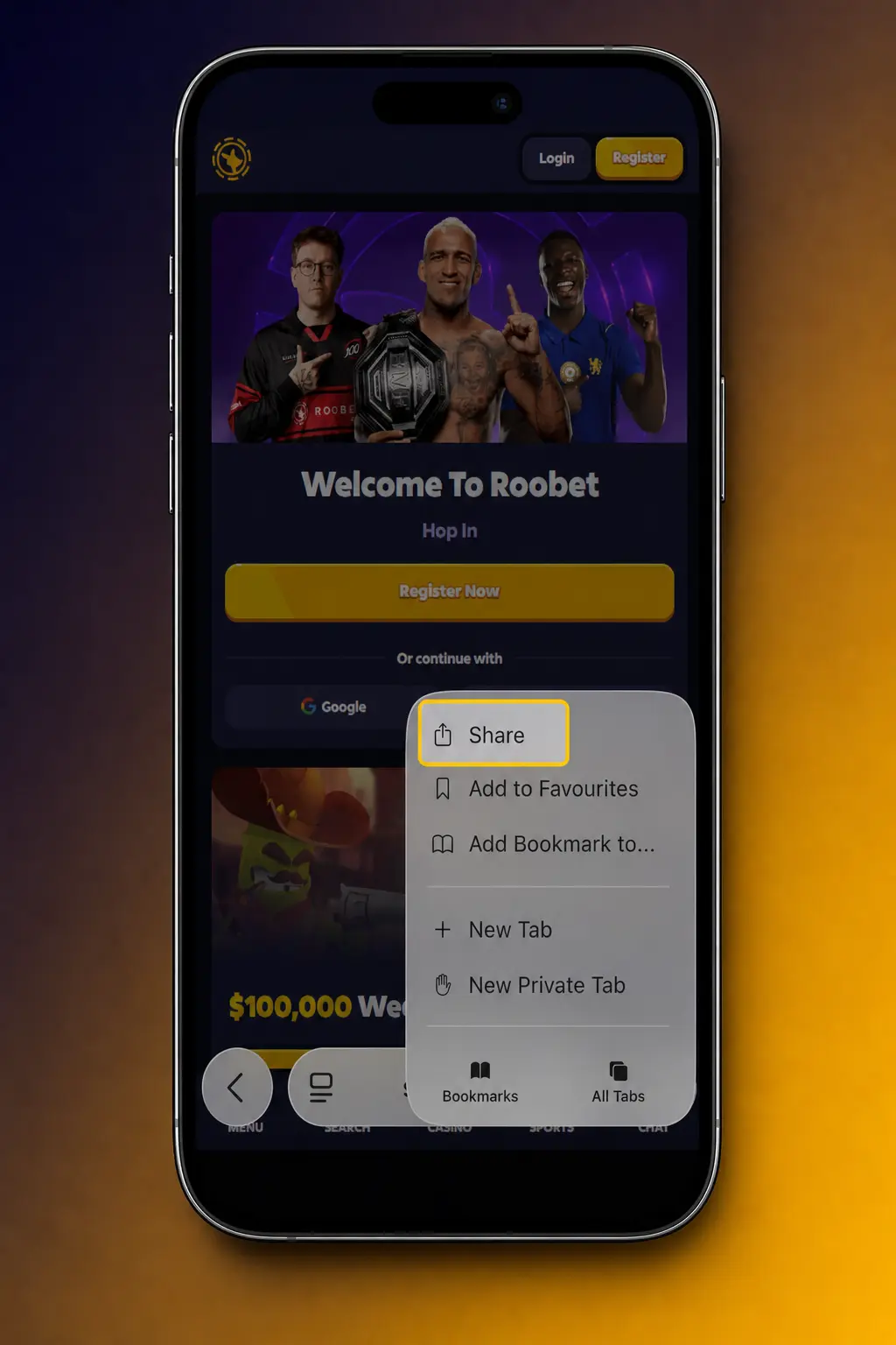 Step-by-step guide showing how to add Roobet as a home screen web app on iPhone or iPad via Safari