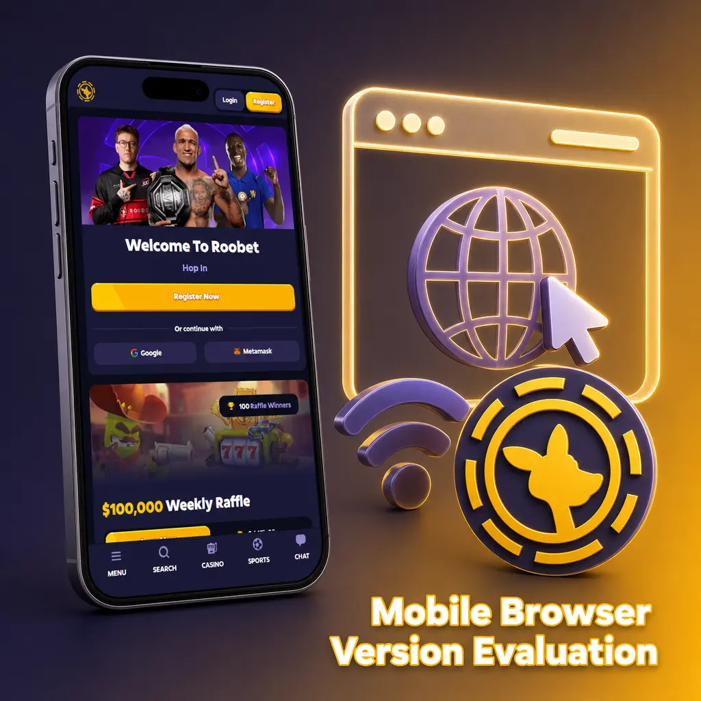 Roobet mobile website comparison: no install needed via Chrome/Safari, same account login, but lacks push notifications unlike the app.