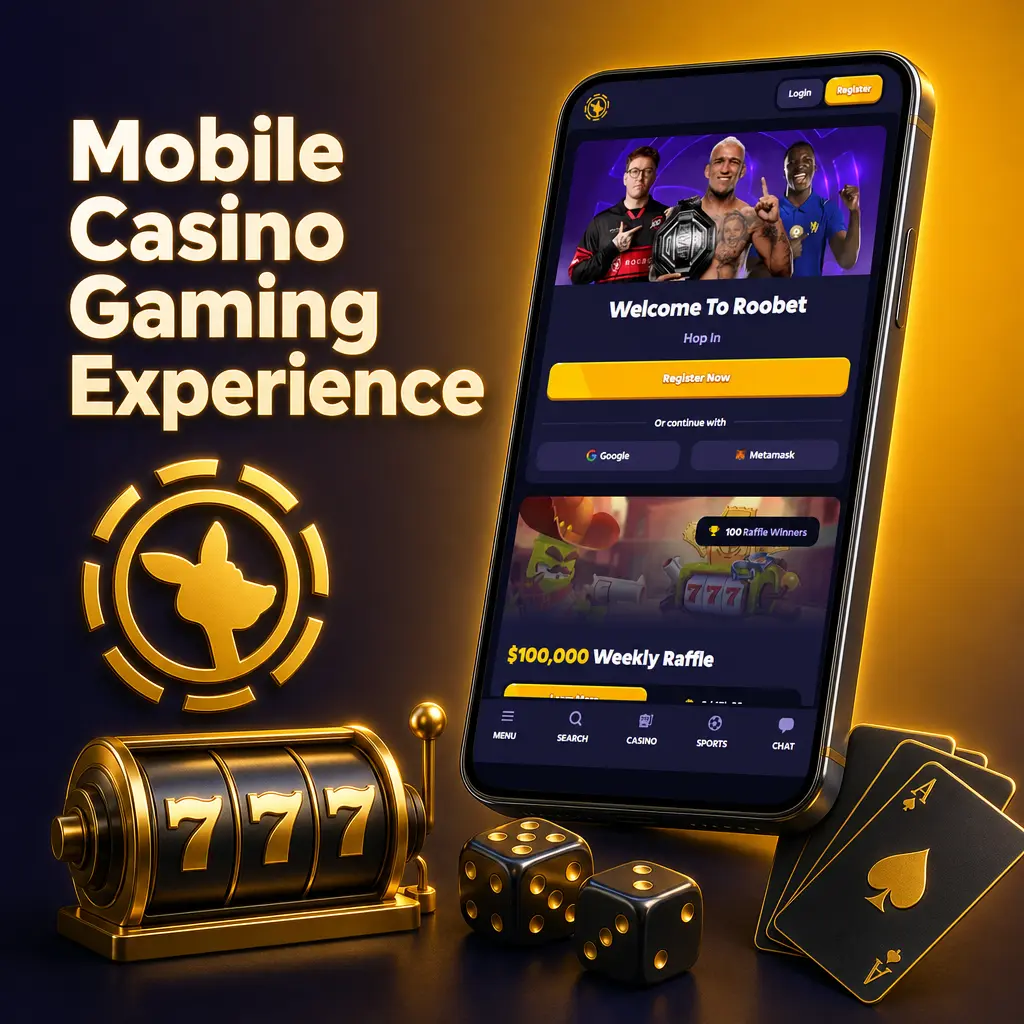 Roobet mobile app lobby on Android and iOS showing Originals, slots and live dealer tables for crypto-based casino play.