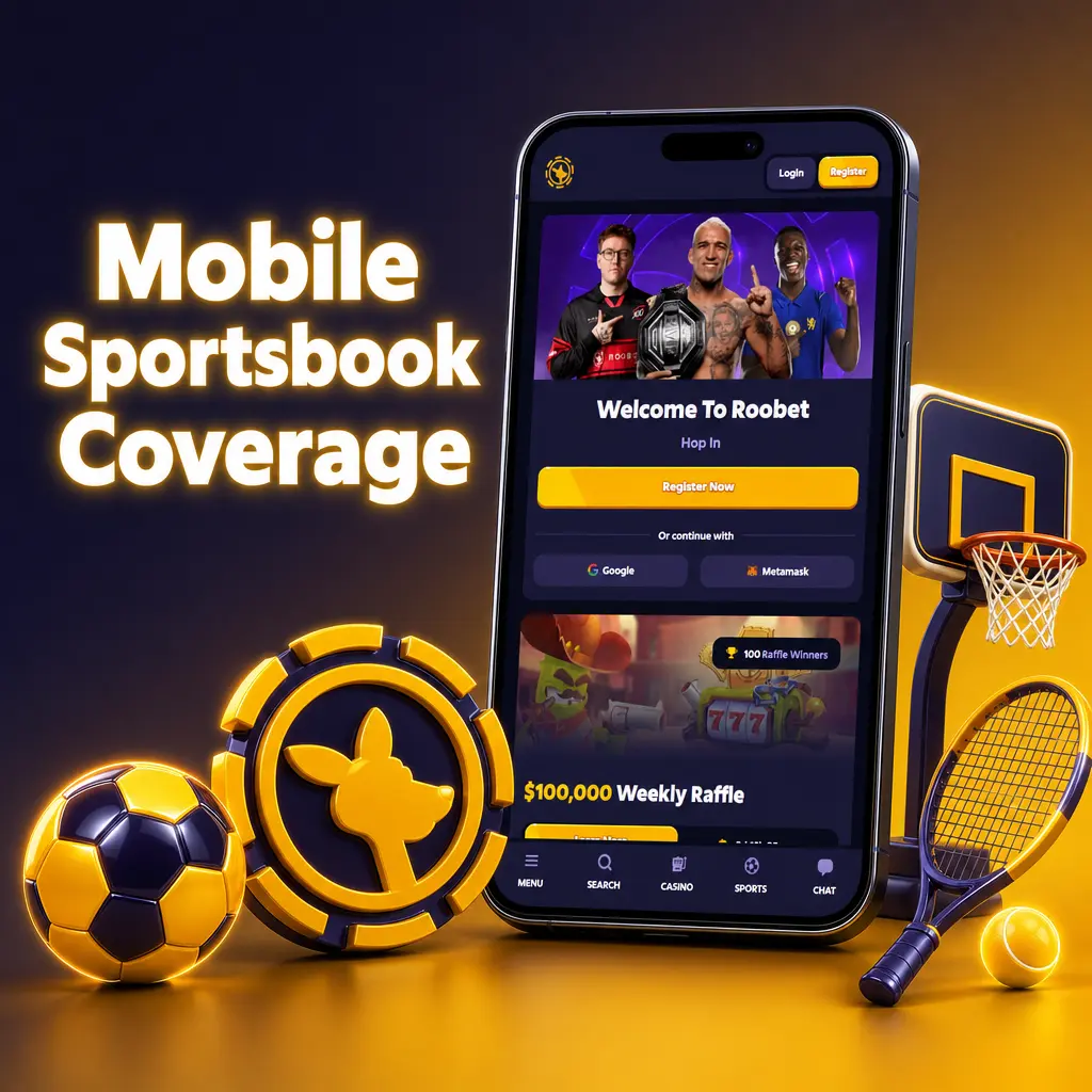 Roobet mobile app sportsbook screen showing live odds for football, basketball, tennis and esports markets funded via crypto balance.