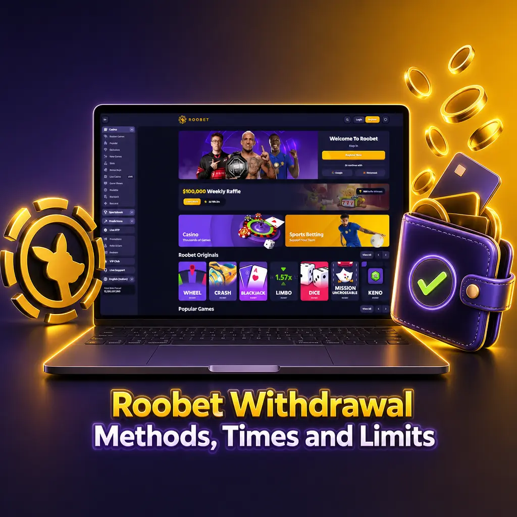 Table of Roobet withdrawal methods for India, showing crypto options and Cash with limits, times and fees