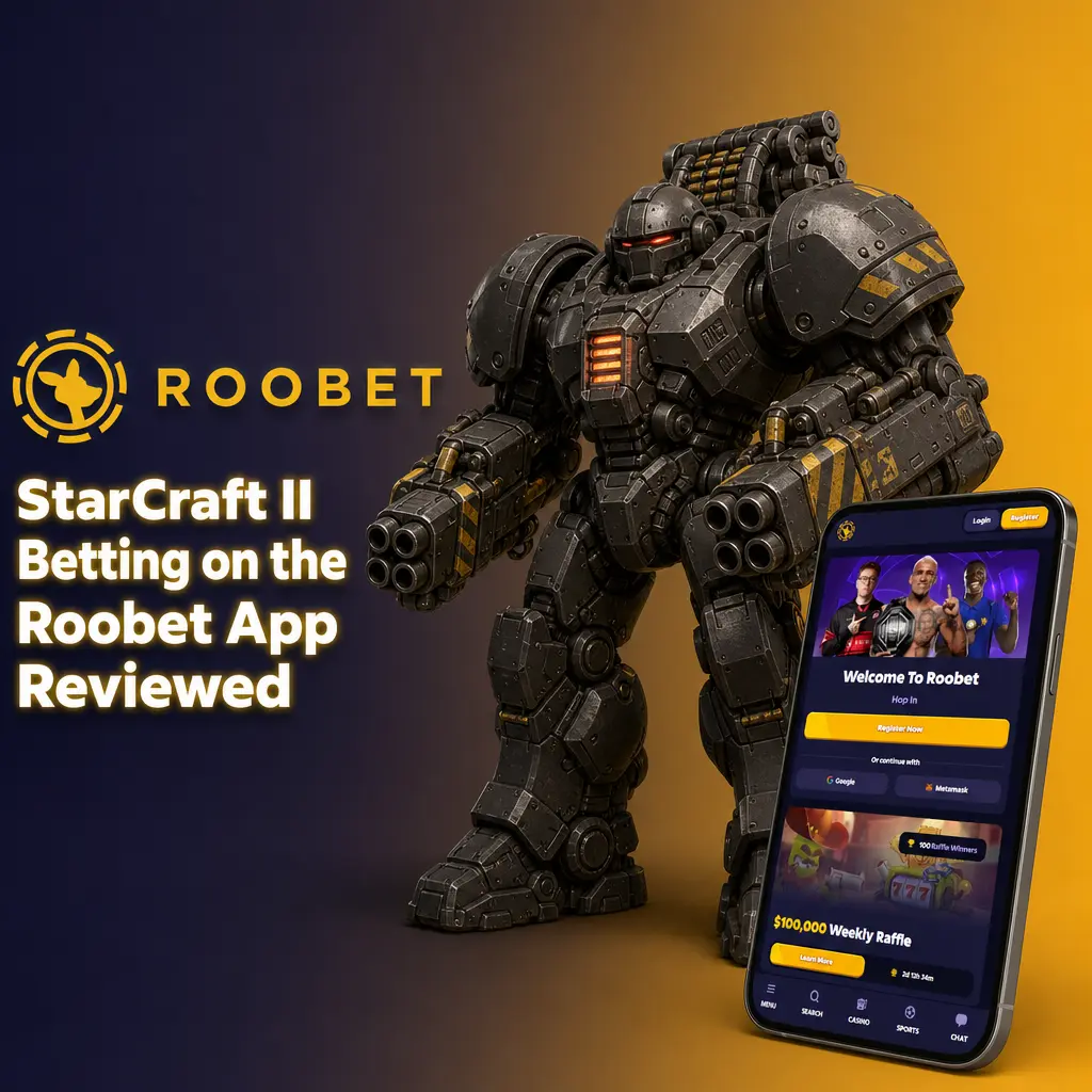 Roobet app showing StarCraft II betting markets with live odds board and push notifications on a mobile screen