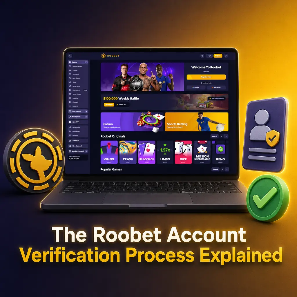 Step-by-step guide showing the Roobet account verification process, including ID upload and proof of address submission.